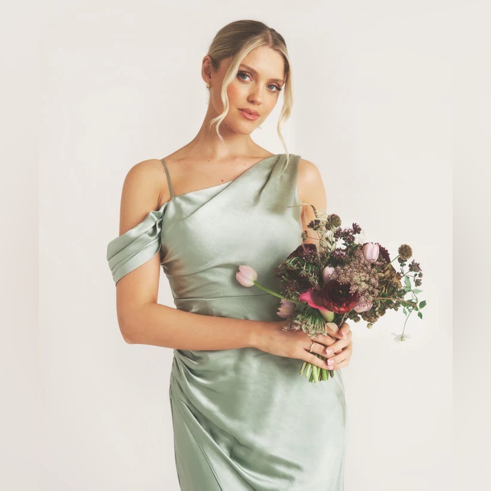 NWT MADDIE Asymmetrical Satin Bridesmaid Dress - Sage Green